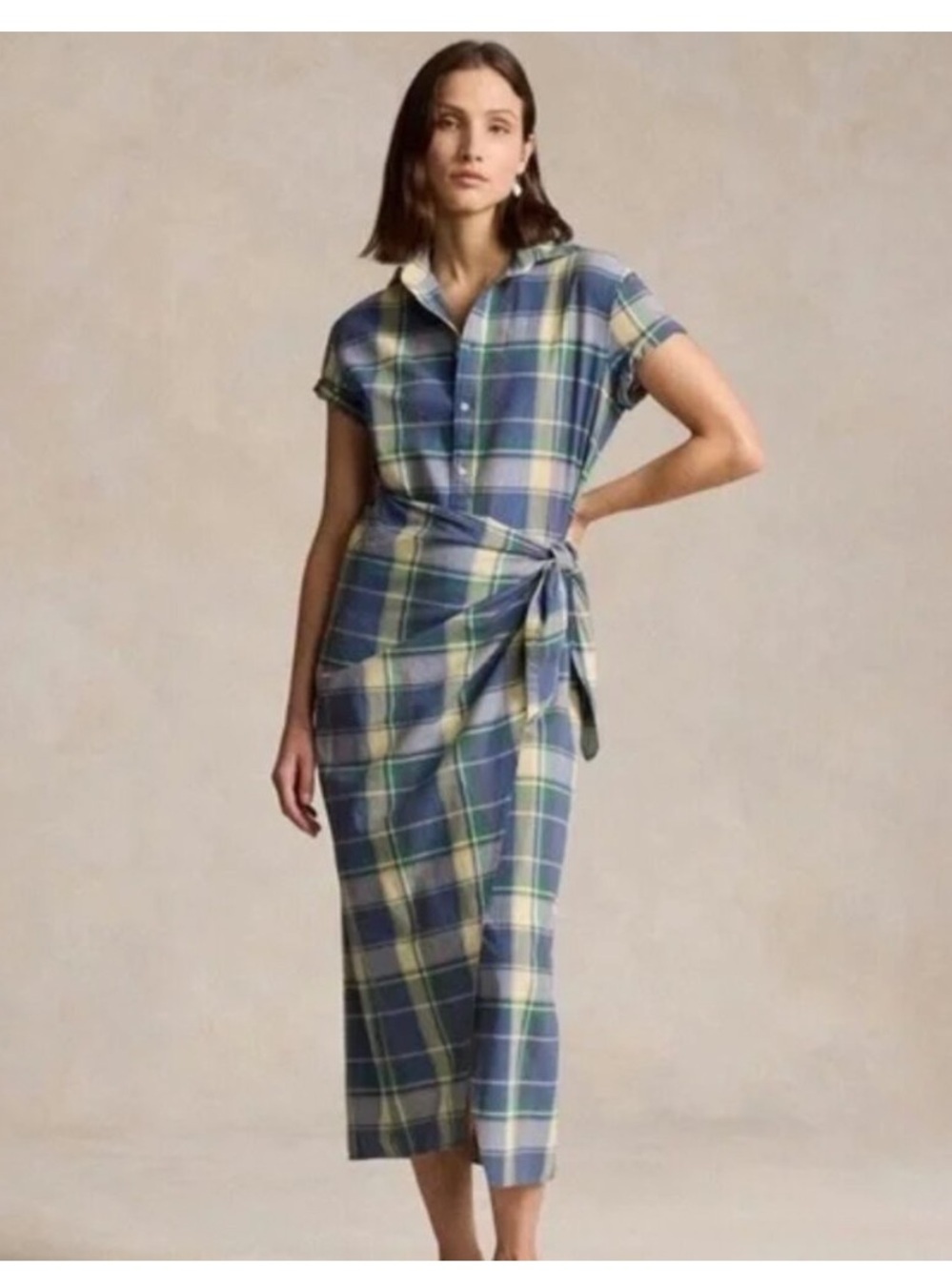 Ralph Lauren Blue and Green Plaid Wrap Midi Dress